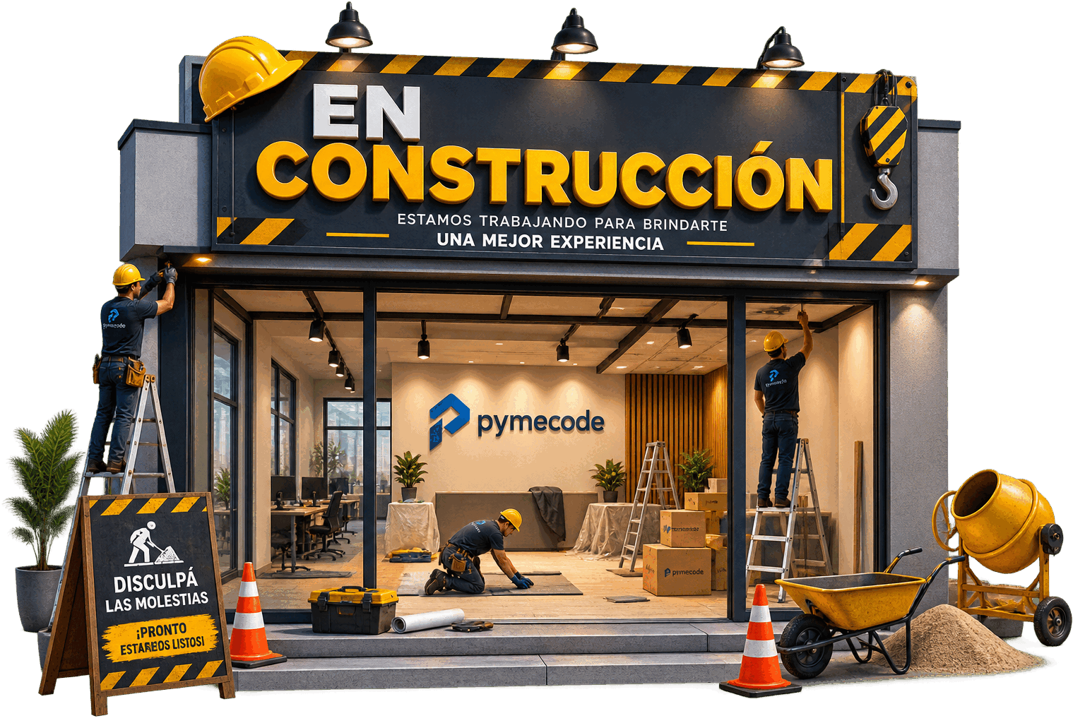 Local de PymeCode en obra, con un cartel que dice EN CONSTRUCCIÓN y operarios trabajando.